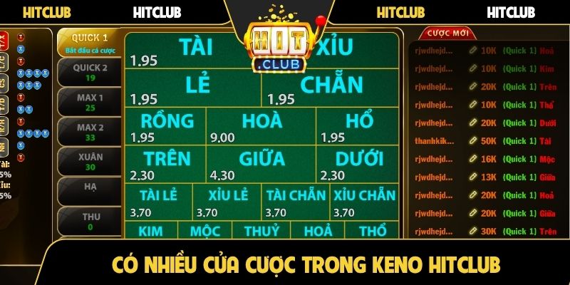 Có nhiều cửa cược trong Keno HitClub